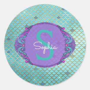 Teal and Purple Mermaid Scales Monogram Birthday Classic Round Sticker