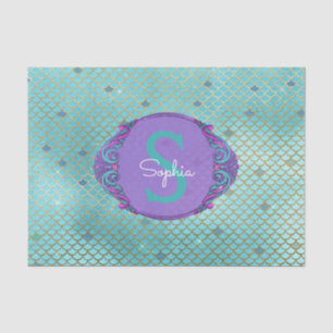 Teal and Purple Mermaid Scales Monogram Birthday Tissue Paper