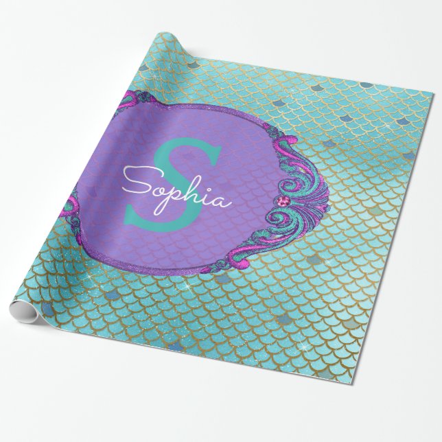 Teal and Purple Mermaid Scales Monogram Birthday Wrapping Paper (Unrolled)