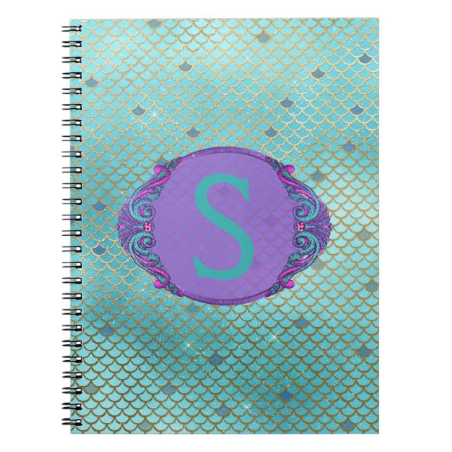 Teal and Purple Mermaid Scales Monogram School Notebook (Front)