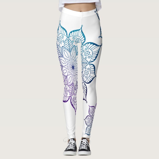 Teal and Purple Ombre Faux Glitter Mandalas, White Leggings (Front)