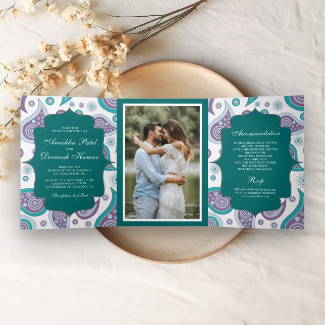 Teal and Purple Paisley Indian Style Wedding Photo Tri-Fold Invitation (Creator Uploaded)