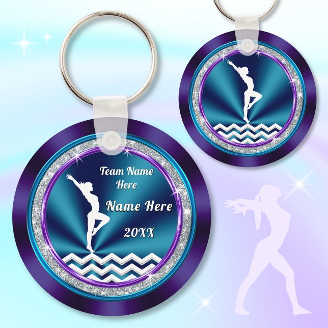 Teal and Purple Personalised Gymnastic Gift Ideas Key Ring (Gymnastics keychains are great for gymnastics bag tags. Gymnastics goodies. Gymnastics team gifts.)