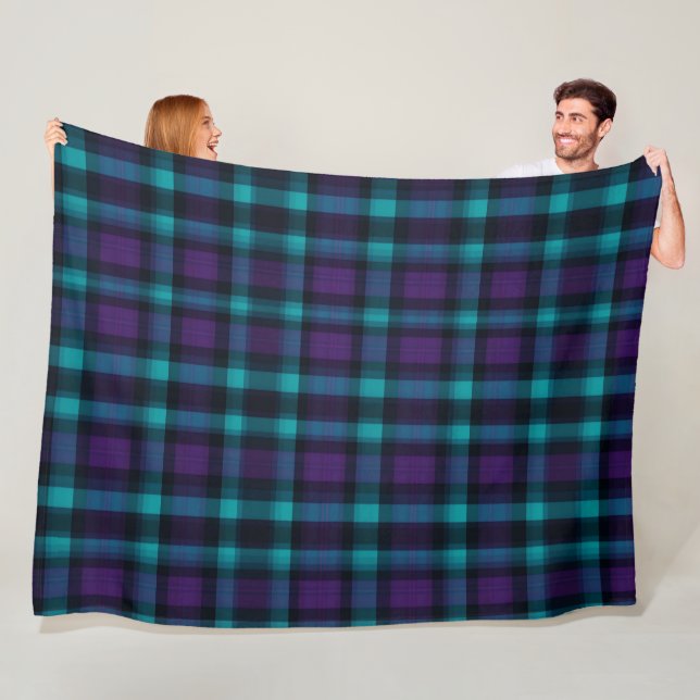 Teal and purple plaid fleece blanket (In Situ)