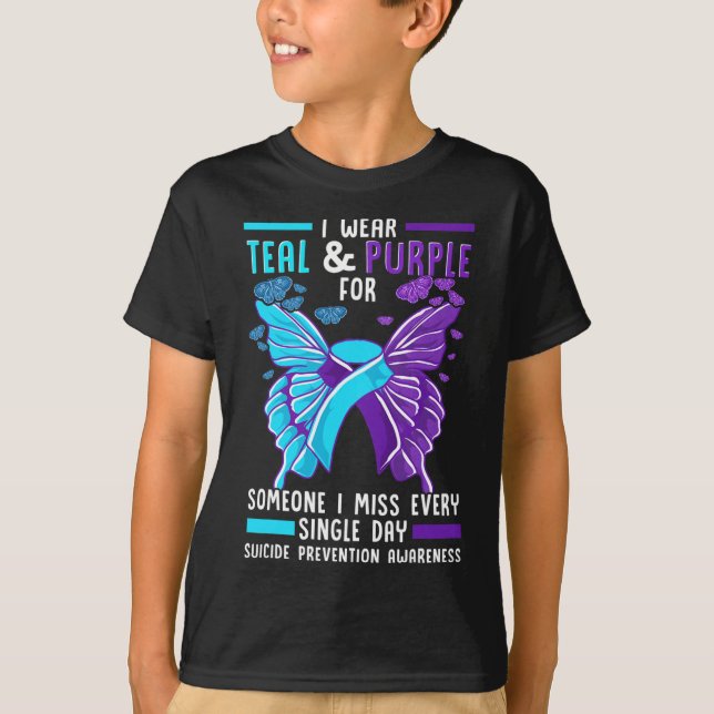 Teal and Purple Ribbon Suicide Prevention Awarenes T-Shirt (Front)