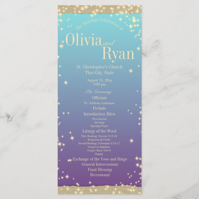 Teal and Purple Rustic Ombre" Wedding Programme (Front)