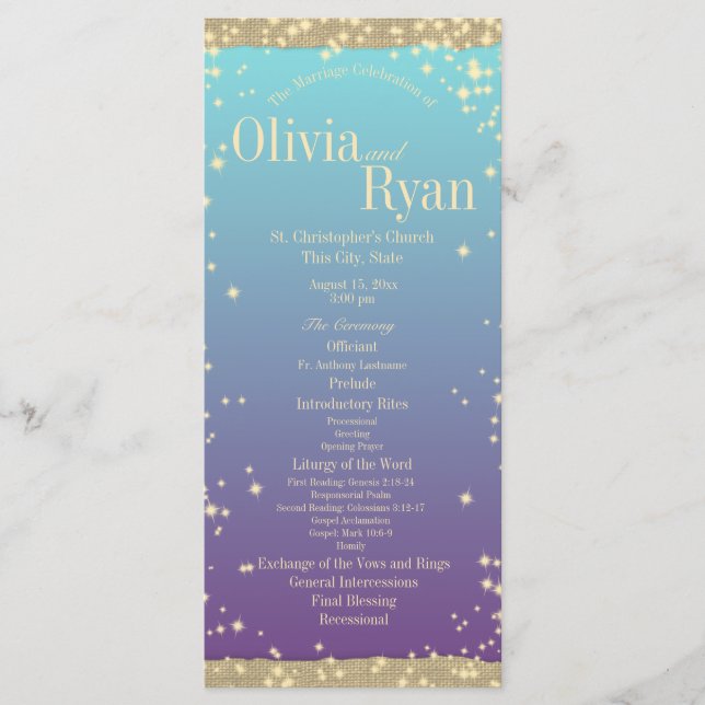 Teal and Purple Rustic Ombre" Wedding Programme (Front)