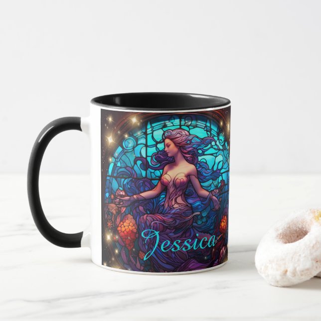 Teal and Purple Stained Glass Fantasy Mermaid Mug (With Donut)