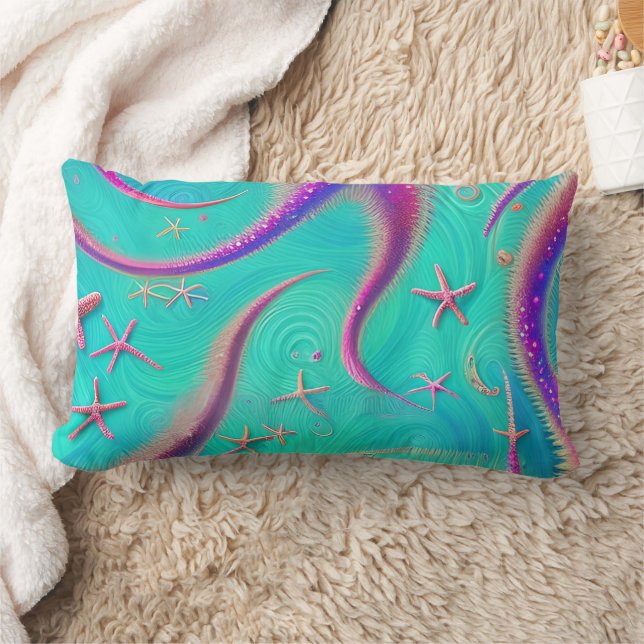 Teal and Purple Starfish Beach Themed Lumbar Cushion (Blanket)