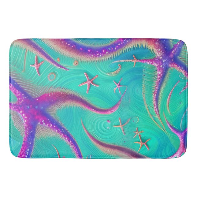  Teal and Purple Starfish Beachy  Bath Mat (Front)