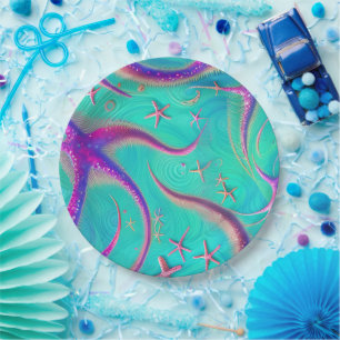 Teal and Purple Starfish Beachy  Paper Plate