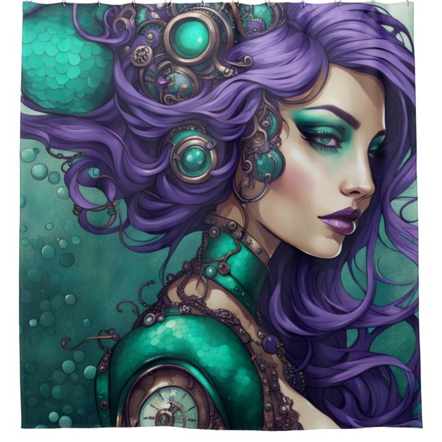 "Teal and Purple Steampunk Mermaid" Shower Curtain (Front)