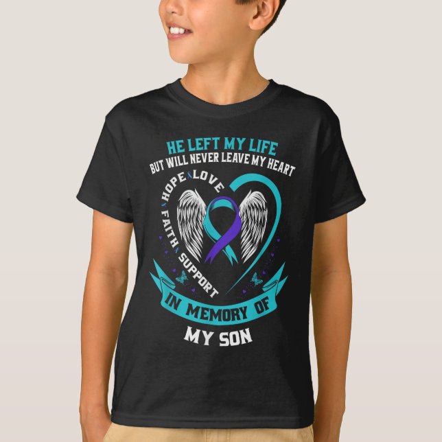 Teal And Purple Suicide Awareness Ribbon In Memory T-Shirt (Front)
