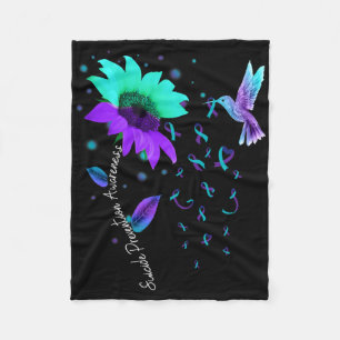 Teal And Purple Sunflower Hummingbird Suicide Prev Fleece Blanket