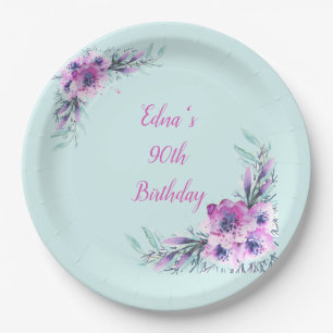 Teal and Purple Watercolor Flowers 90th Paper Plate