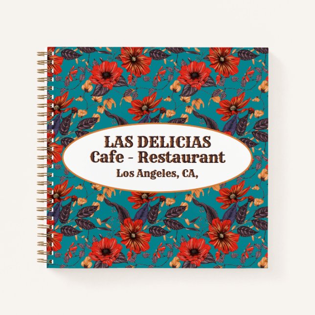 Teal and Red Floral Local Cafe Restaurant Recipe Notebook (Front)