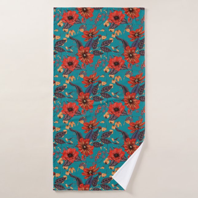 Teal and Red Floral Pattern Bath Towel (Bath Towel)