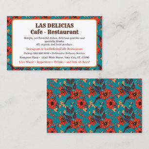 Teal and Red Floral Pattern Cafe Restaurant  Business Card