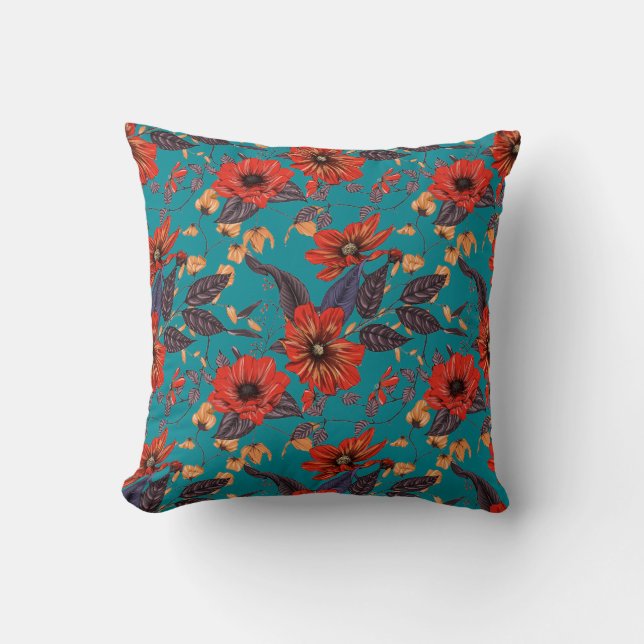 Teal and Red Floral Pattern Cushion (Front)