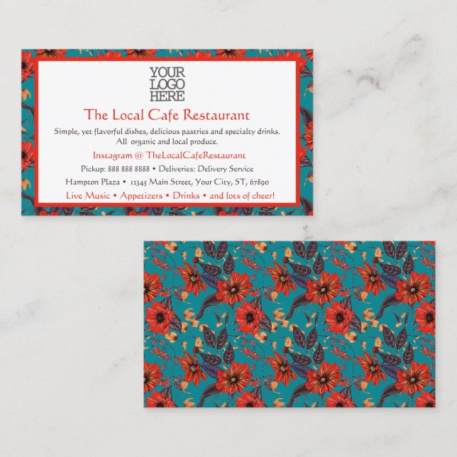 Teal and Red Floral Pattern Local Cafe Restaurant  Business Card (Front/Back)