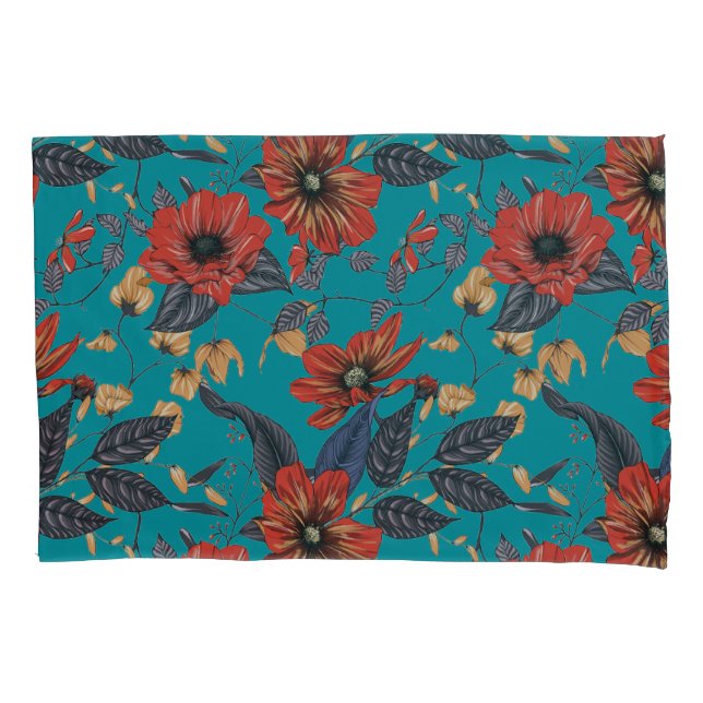 Teal and Red Floral Pattern Pillowcase (Front)