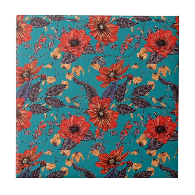 Teal and Red Floral Pattern Tile (Front)