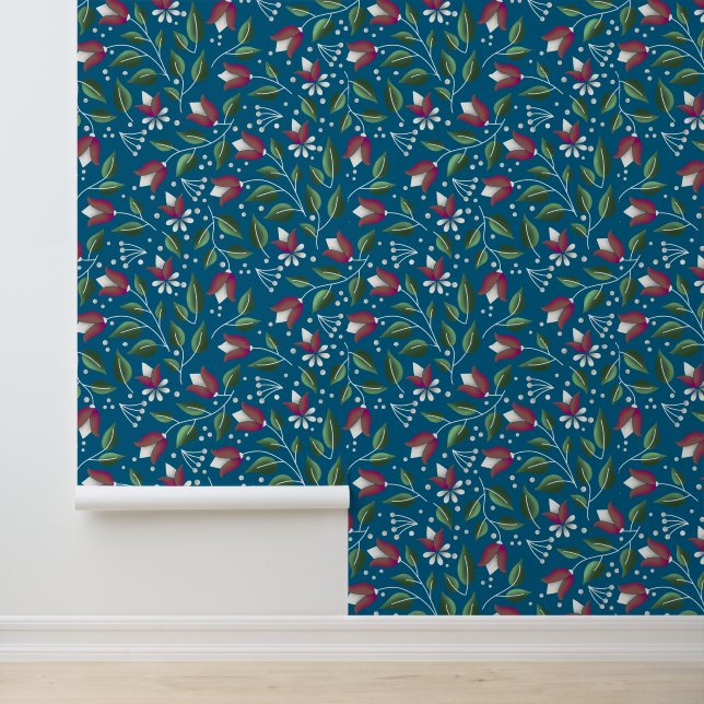 Teal and Red Floral  Wallpaper (Application)