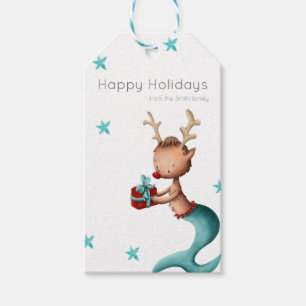 Teal and Red Holiday Mermaid Reindeer Personalised Gift Tags