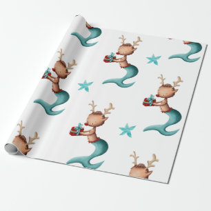 Teal and Red Mermaid Reindeer Christmas Wrapping Paper