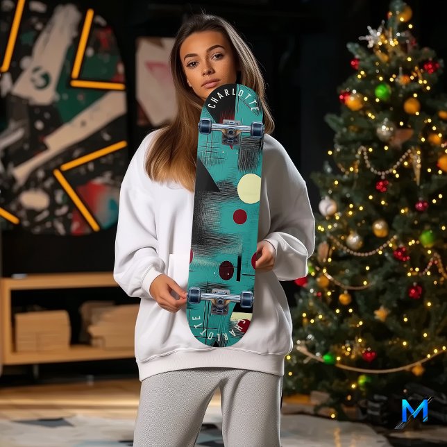 Teal and Red Minimalist Geometric Skateboard (Creator Uploaded)