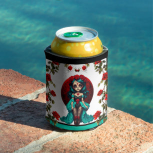 Teal and Red Roses Sugar Skulls Can Cooler