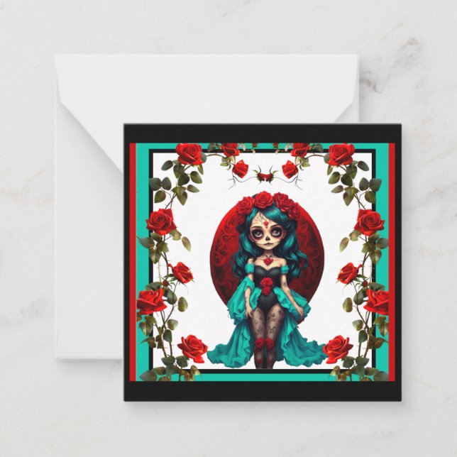 Teal and Red Roses Sugar Skulls Card (Front)
