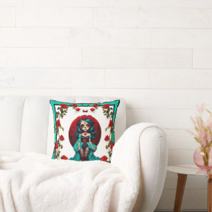 Teal and Red Roses Sugar Skulls Cushion
