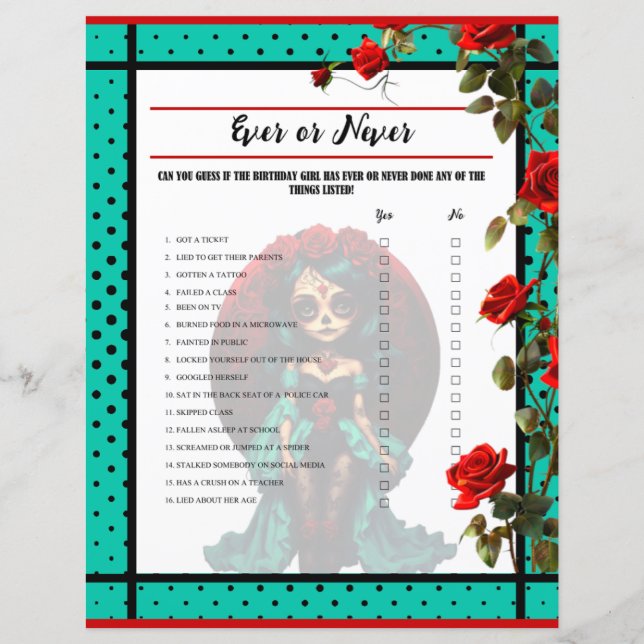 Teal and Red Roses Sugar Skulls Ever or Never Game (Front)