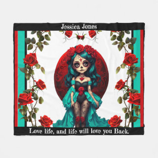Teal and Red Roses Sugar Skulls Fleece Blanket