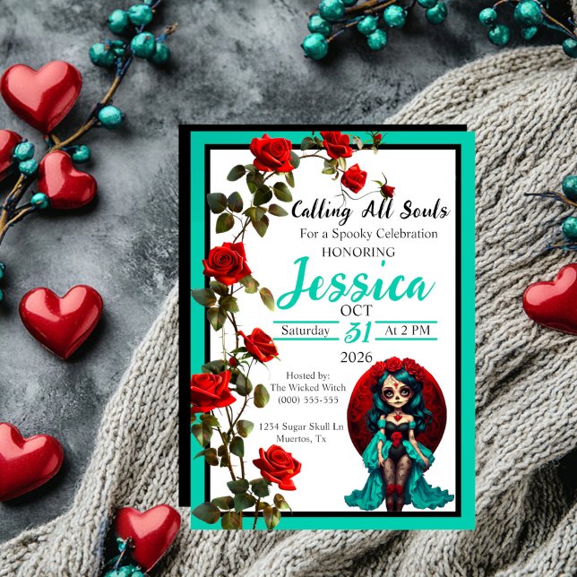 Teal and Red Roses Sugar Skulls Invitation (Creator Uploaded)