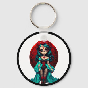 Teal and Red Roses Sugar Skulls Key Ring