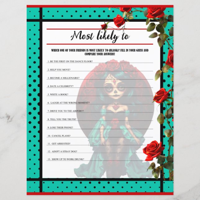 Teal and Red Roses Sugar Skulls Most Likely Game (Front)