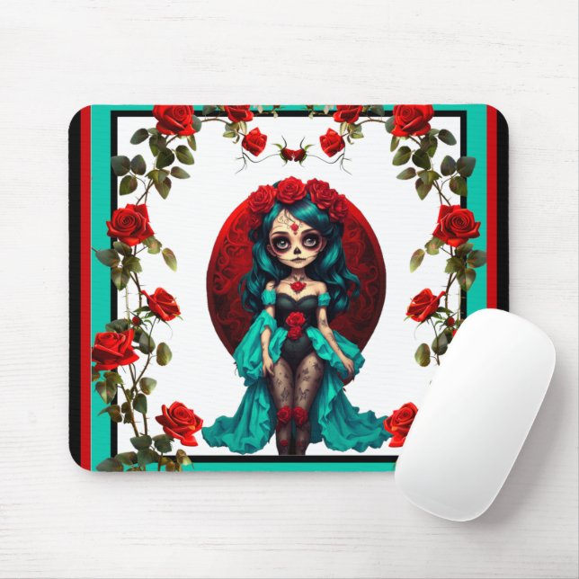 Teal and Red Roses Sugar Skulls Mouse Mat (With Mouse)