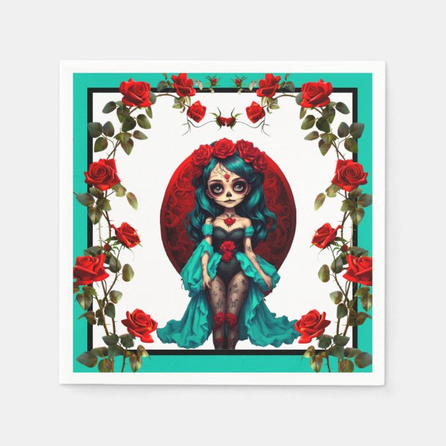 Teal and Red Roses Sugar Skulls Napkin (Front)