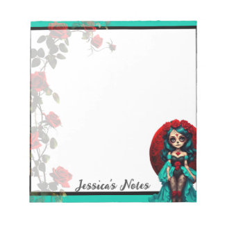 Teal and Red Roses Sugar Skulls Notepad