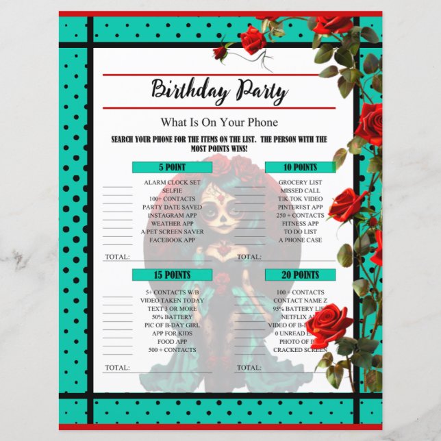 Teal and Red Roses Sugar Skulls On Your Phone Game (Front)