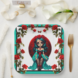 Teal and Red Roses Sugar Skulls  Paper Plate