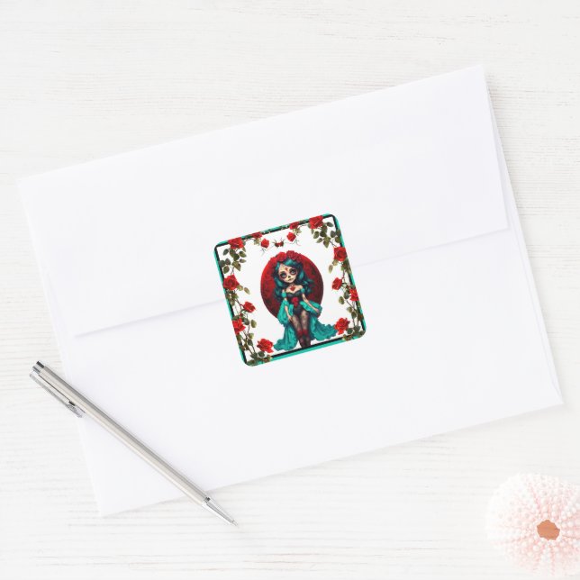 Teal and Red Roses Sugar Skulls Square Sticker (Envelope)