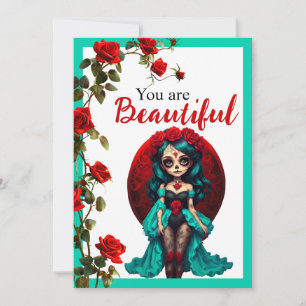 Teal and Red Roses Sugar Skulls Thank You Card