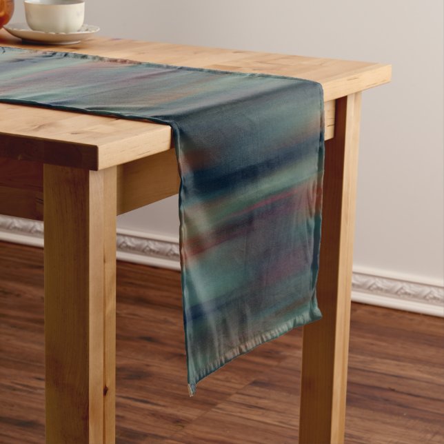 teal and red streaks abstract short table runner (In Situ)
