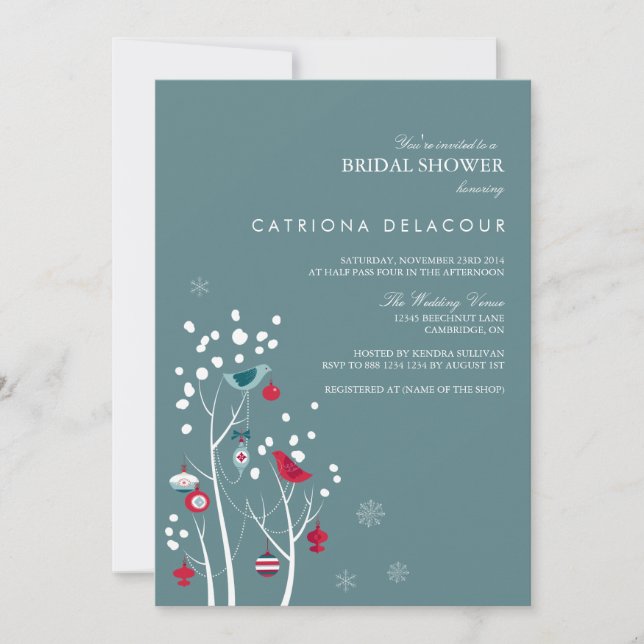 Teal and Red Winter Snow Bridal Shower Invitation (Front)