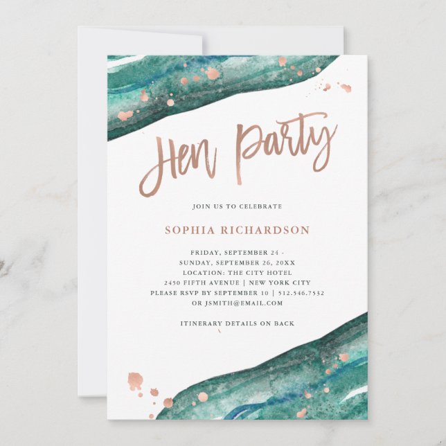 Teal and Rose Gold Geode Hen Party with Itinerary Invitation (Front)