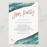 Teal and Rose Gold Geode Hen Party with Itinerary Invitation<br><div class="desc">These elegant,  modern hen party invitations feature watercolor teal geode stones,  with faux rose gold typography and splashes. Add your itinerary to the back.</div>