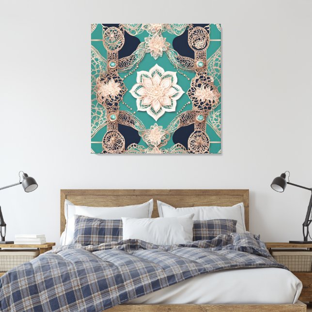 Teal and Rose Gold Mandala Lace Canvas Print (Insitu(Bedroom))